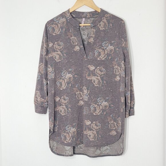 Cool Melon Brown Old Rose Floral V-Neck Cozy Casual High-Low Hem Tunic Size XL - Picture 2 of 11